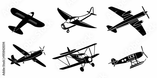 Vintage military aircraft silhouettes in a row, showcasing different models and designs. Vector