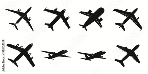 A collection of eight different airplane silhouettes in black and white Vector