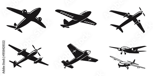 A collection of various types of aircraft silhouettes in flight Vector