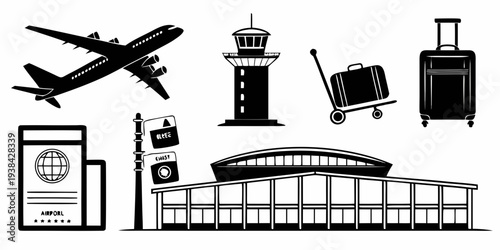 Illustration of various travel and transportation icons. Vector