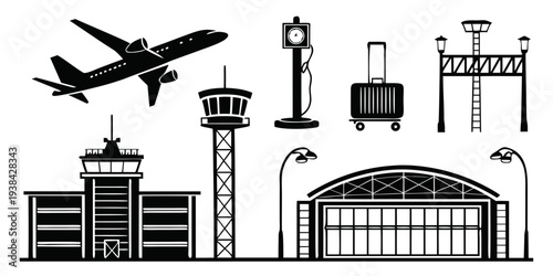 A collection of various transportation and infrastructure icons including an airplane, airport tower, and buildings. Vector