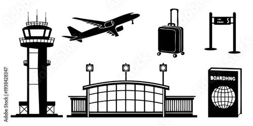 Airport scene with plane, control tower, and terminal building Vector