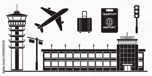 A collection of travel and airport related icons including a plane, suitcase, and control tower. Vector
