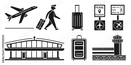 Travel icons depicting various aspects of air travel and airport facilities Vector
