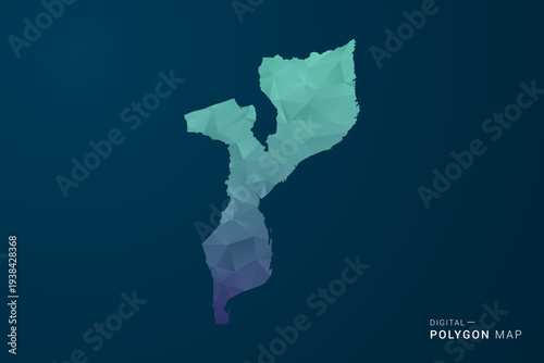 Mozambique Map - Polygon Style Vector Illustration with Teal Blue Gradient, Low Poly Geometric Design, Digital and Technology Inspired, Clean Silhouette on Dark Background.