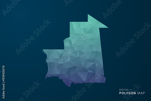 Mauritania Map - Polygon Style Vector Illustration with Teal Blue Gradient, Low Poly Geometric Design, Digital and Technology Inspired, Clean Silhouette on Dark Background.