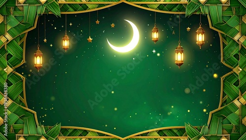 Empty center space for text, decorative border with Ketupat woven palm leaves, Islamic geometric patterns, crescent moon and stars, Eid al-Fitr theme, green and gold colors, festive Islamic background