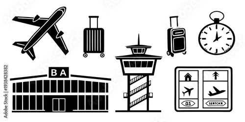 Illustration of travel and time related icons including an airplane, suitcase, and clock Vector