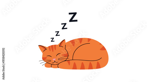 Adorable ginger tabby cat curled up and sleeping peacefully with small letter z symbols floating above its head.