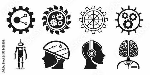 Illustrations of human figures and mechanical gears symbolizing technology and human-machine interaction Vector