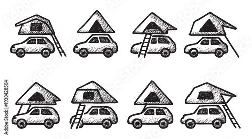Black and white illustrations of car roof tents in different styles, showing various camping options and adventure travel, sketched design.