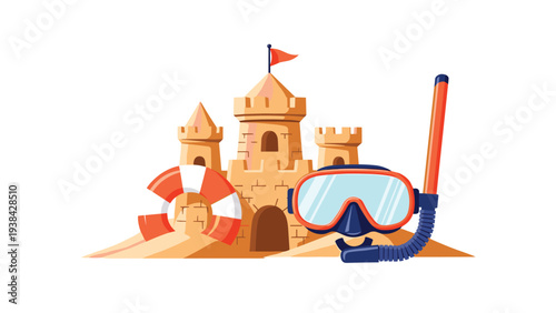 Detailed sandcastle on a beach surrounded by a lifebuoy and snorkeling mask with a breathing tube for summer fun.
