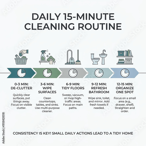 Visual guide for a quick 15-min daily cleaning schedule. Infographic to help build habits for a clean, organized, and tidy home. Vector illustration