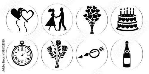 A collection of icons representing various aspects of wedding celebrations and planning Vector