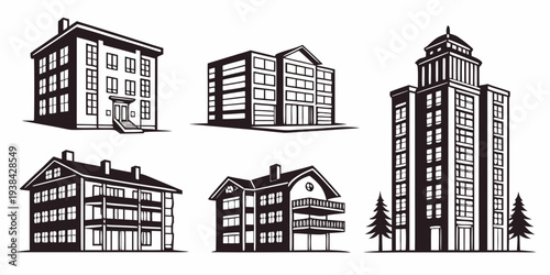 A collection of diverse architectural structures showcasing various building designs and styles Vector