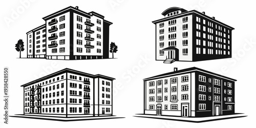 Four distinct architectural styles of residential buildings showcased in a single illustration. Vector