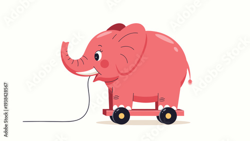 Delightful pink elephant toy on wheels with a pull string for toddlers to enjoy during playtime activities.