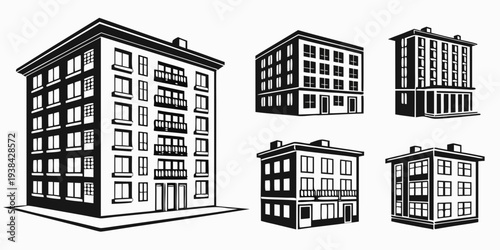 Four architectural drawings of a modern high-rise building with variations in design Vector