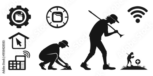 Silhouettes of people engaged in various activities, including farming, construction, and technology use. Vector