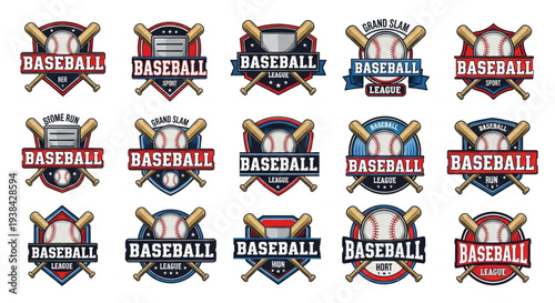 Baseball League Emblems Collection Featuring Bats and Balls.