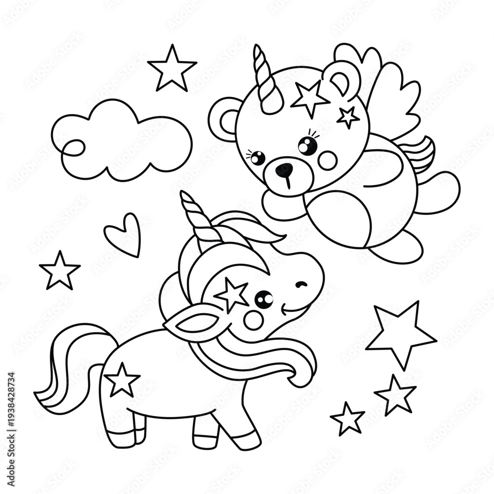 Fototapeta premium Adorable Magical Unicorn and Flying Bear Cub with Stars