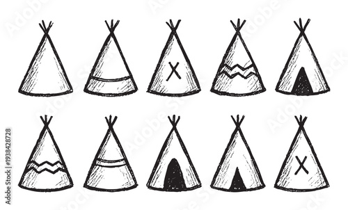 A doodle-style illustration shows ten teepees in a row on a white backdrop. The teepees are black, hand-drawn, and decorated with various graphic designs.