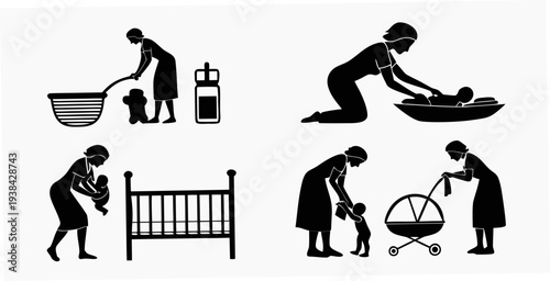 A series of icons depicting various household chores and activities. Vector