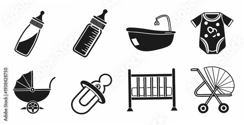 Assorted baby items including a bottle, pacifier, bathtub, crib, and more Vector
