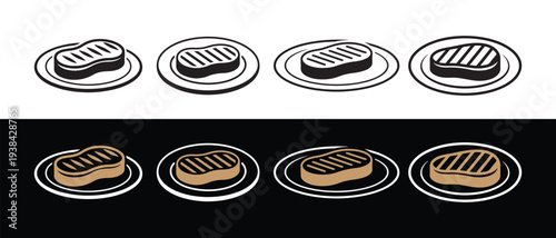 Set of Grilled Steak Icons. Line Art and Flat Design on White and Black Backgrounds.