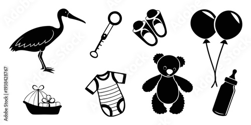 A collection of various black and white objects including an ibis, teddy bear, and balloons Vector
