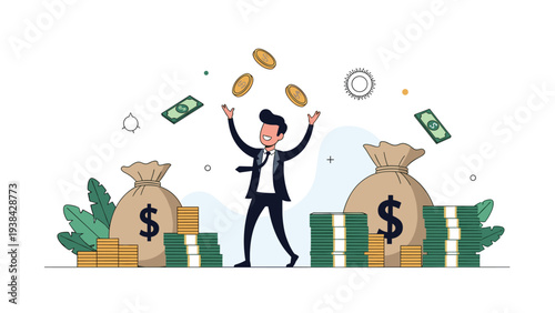 Successful businessman throwing gold coins in the air while surrounded by large bags of cash and stacks of bills.