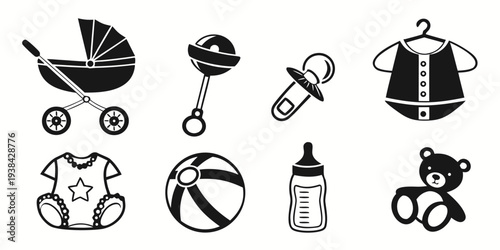 A collection of various baby and toddler items in a simple line drawing style Vector