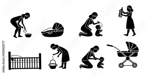 A collection of black and white icons depicting various activities and objects Vector