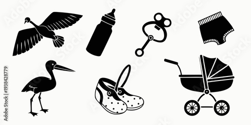 Assorted black and white icons representing various objects and animals Vector