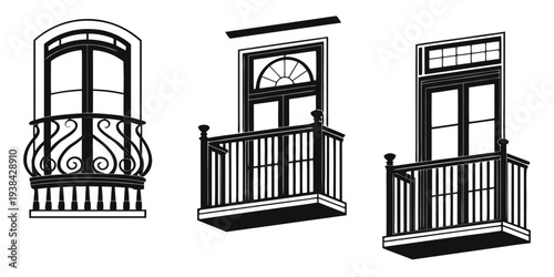 Three distinct balcony designs showcasing various architectural styles and materials Vector