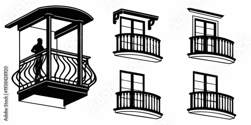 Four different styles of balconies with varying designs and structures Vector