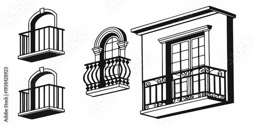 Various styles of window and balcony designs in a classic architectural theme Vector