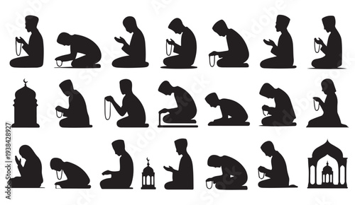 Islamic Namaz Prayer Positions Black Silhouette Icon Set