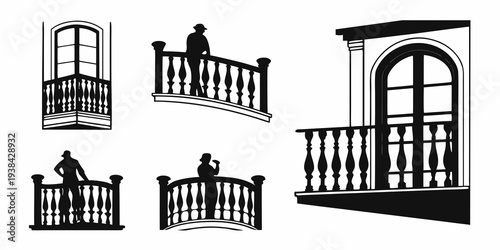Four different styles of balconies with intricate railings and designs Vector