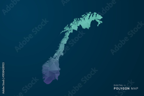 Norway Map - Polygon Style Vector Illustration with Teal Blue Gradient, Low Poly Geometric Design, Digital and Technology Inspired, Clean Silhouette on Dark Background.