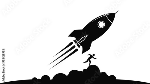 Black silhouette of a powerful rocket taking off into space while a person runs towards the launch pad below.