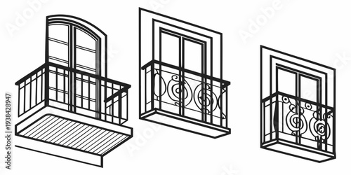 Three different types of window designs with varying styles and functionalities. Vector