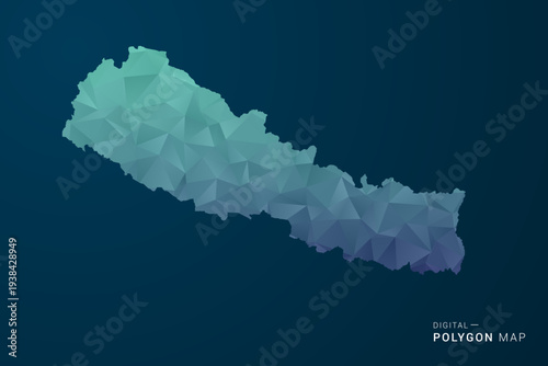 Nepal Map - Polygon Style Vector Illustration with Teal Blue Gradient, Low Poly Geometric Design, Digital and Technology Inspired, Clean Silhouette on Dark Background.