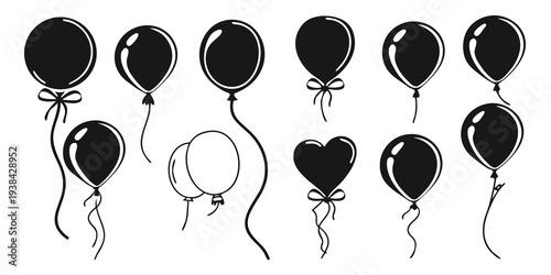 A whimsical illustration of various balloons with faces and hearts Vector
