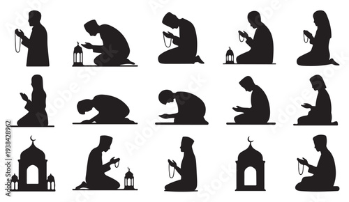Muslim Worship Silhouette Collection Featuring Salah Positions