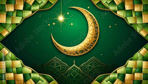 Empty center space for text, decorative border with Ketupat woven palm leaves, Islamic geometric patterns, crescent moon and stars, Eid al-Fitr theme, green and gold colors, festive Islamic background