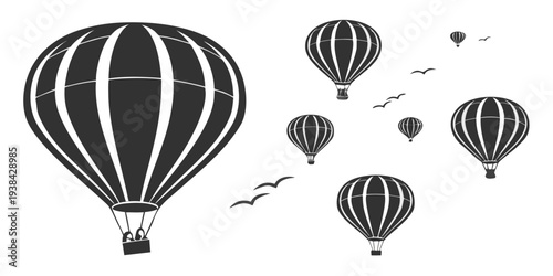 Hot air balloons floating gracefully in a clear blue sky with birds flying nearby Vector