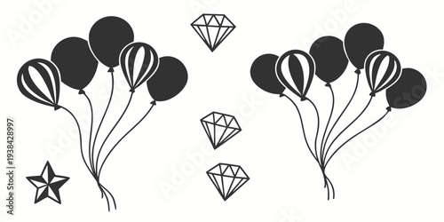 A festive scene with balloons, stars, and sparkling diamonds. Vector