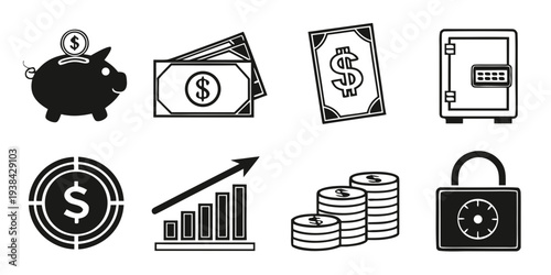 Diverse icons representing various aspects of finance and banking Vector
