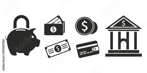 Illustrations of various financial and banking icons including a piggy bank Vector